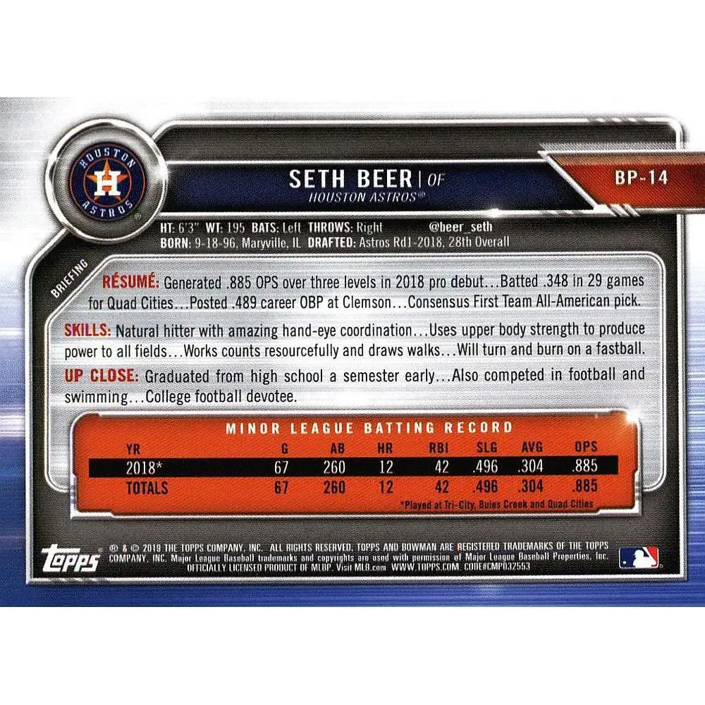 2019 Bowman Prospects Seth Beer #BP-14 Houston Astros